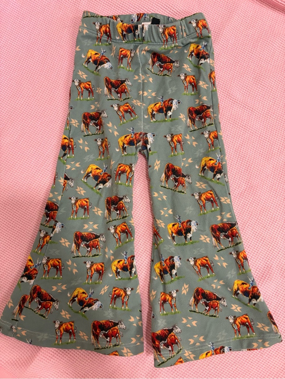 Baby girl Bell-Bottom Pajama Pants in Sage with Cow Print